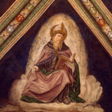 St Augustine, detail from the Doctors of the Church Cycle, 1487-1492, fresco, Church of the Santissima Annunziata, Franciscan Monastery, Cortemaggiore, Emilia-Romagna. Italy, 15th century. Lire saint Augustin à travers ses Commentaires des Psaumes