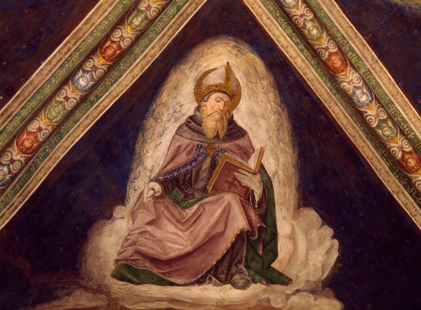 St Augustine, detail from the Doctors of the Church Cycle, 1487-1492, fresco, Church of the Santissima Annunziata, Franciscan Monastery, Cortemaggiore, Emilia-Romagna. Italy, 15th century. Lire saint Augustin à travers ses Commentaires des Psaumes