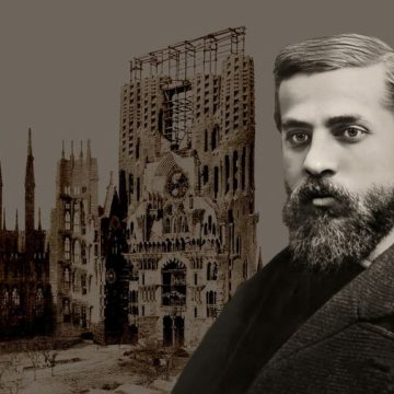 Portrait of Antoni Gaudí i Cornet, 1852 1926, Catalan architect and designer from Spain, the greatest exponent of Catalan Modernisme, Construction site of the Basílica i Temple Expiatori de la Sagrada Família, known as Sagrada Família, 1908, Barcelona, C Antoni Gaudí: Centenaire de Sa Mort et Réédition Biographique