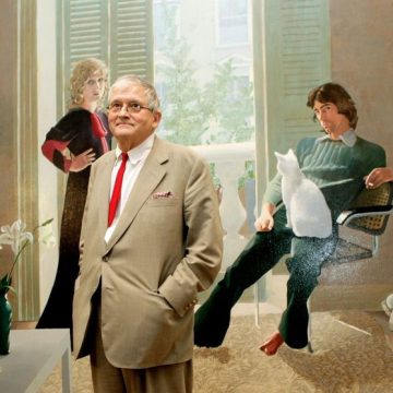 British artist Hockney poses in front of double portrait in London David Hockney : Un artiste visionnaire et hédoniste disparu à 88 ans