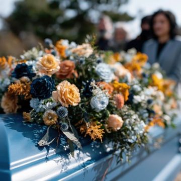 Closeup of blue casket with detailed floral bouquet for outdoor funeral memorial scene and remembrance background use Organiser des Obsèques : Conseils et Démarches