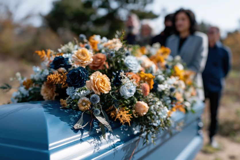 Closeup of blue casket with detailed floral bouquet for outdoor funeral memorial scene and remembrance background use Organiser des Obsèques : Conseils et Démarches