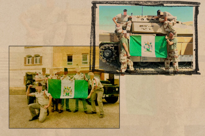 bba5d42d-b45c-4798-874a-83643c979d7a Des soldats français posent avec un drapeau suprémaciste blanc
