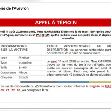 Appel à témoins pour disparition d&rsquo;Éloïse Garrigues dans l&rsquo;Aveyron