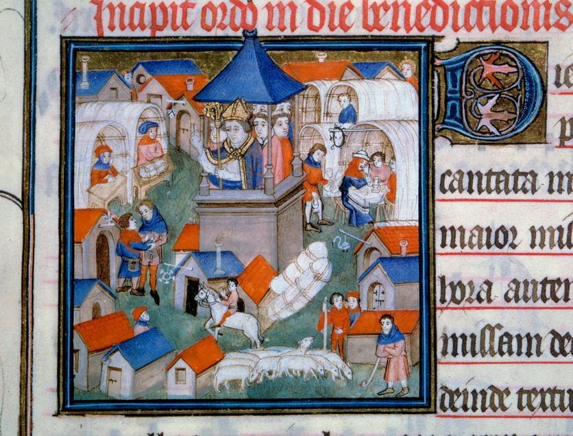 View of the Lendit fair, popular gathering and walking in the city of Saint Denis The eveque of Paris blessed the opening of this event. Miniature from “Pontifical de Sens”” 14th century Paris, B.N. Réédition Pertinente du Premier Livre de Jacques Le Goff