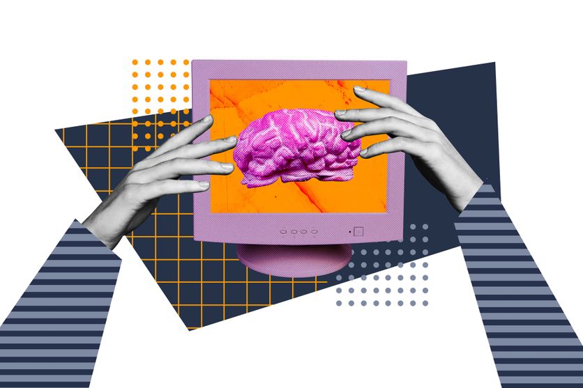 Composite sketch image design trend artwork collage of incognito hand touch hold monitor retro vintage computer brain creative think Réflexion de Claire Marin sur l’impact de la numérisation sur le toucher